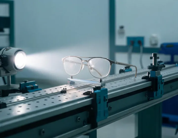 Unlabeled polarized spectacle lenses staged on an optical bench for a procurement brief