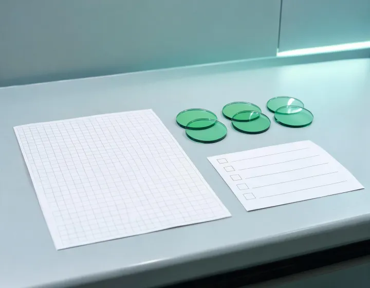 Green polarized lens blank beside a frame size and marking checklist